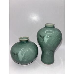 Vintage Korean Celadon Pottery Vase with Cranes and Crackle Finish~Set of 2